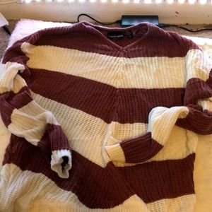 burgundy and white long sleeve blouse